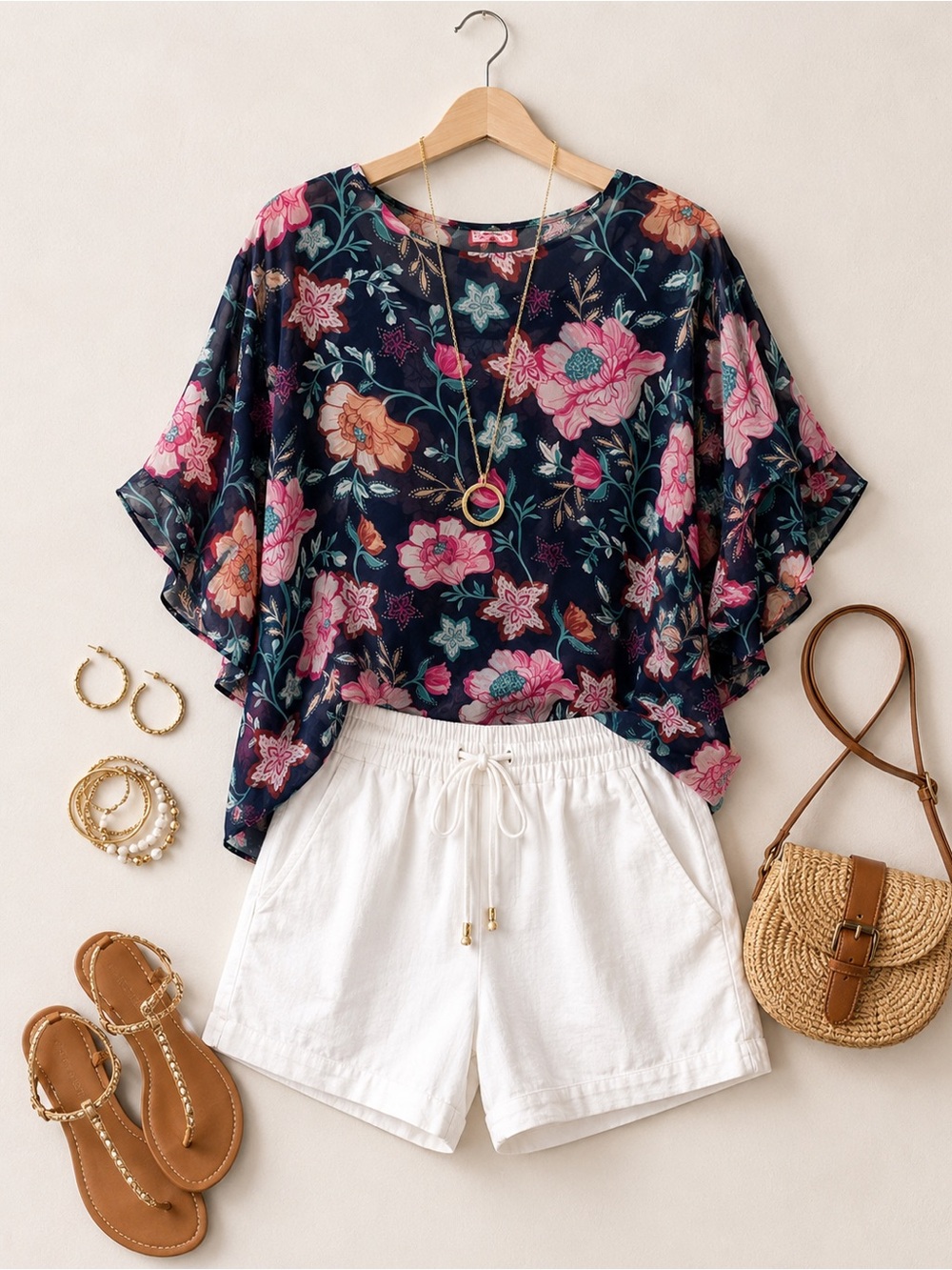 Style & Co. Navy Floral V-Neck Flutter Sleeve Blouse
